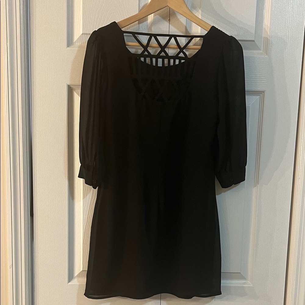 HeartSoul Black Mini Dress, Flowy Chic A-line with Sheer Sleeve